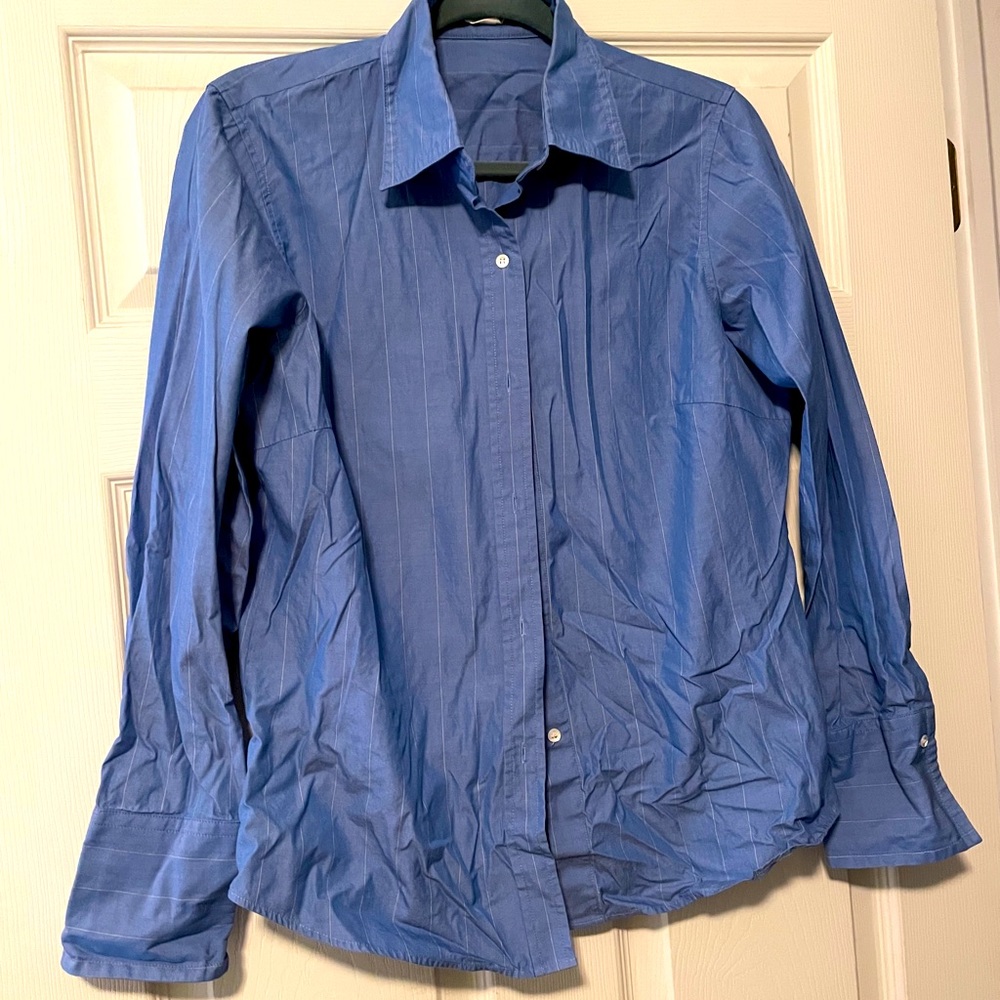 Blue button down with thin white vertical stripes